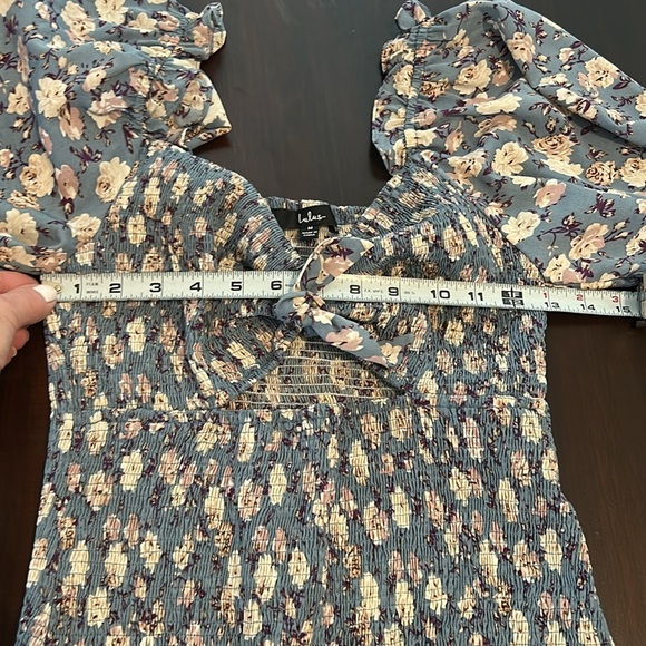 LULU'S See Me Bloom Dusty Blue Floral Print Smocked Long Sleeve Dress Size M - Picture 11 of 17